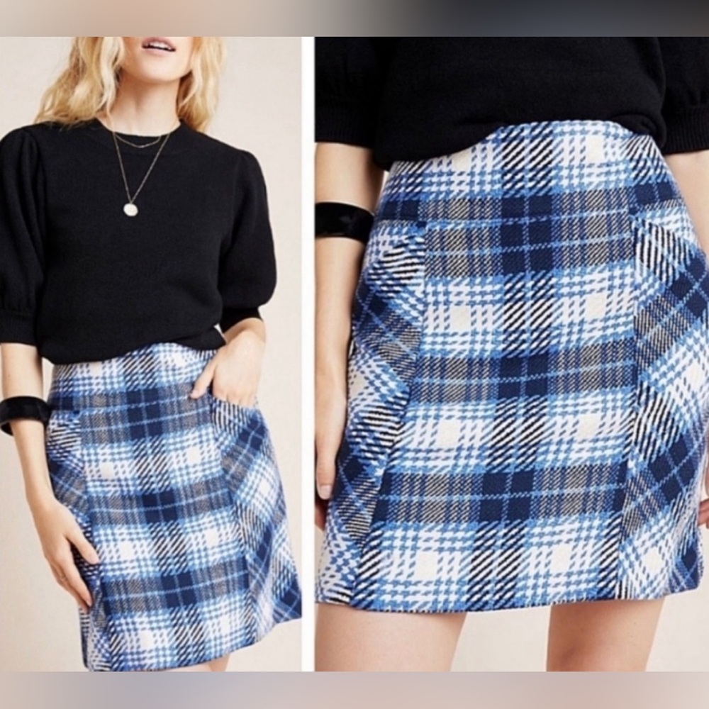 NWT Anthropologie Maeve Slim blue Plaid Mini Skirt Size 4